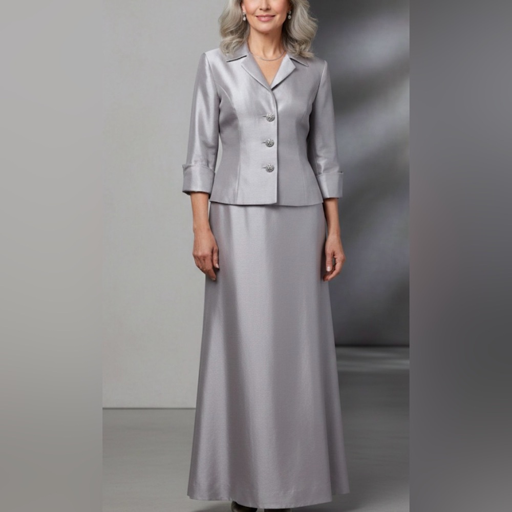 JS Collections Dove Gray Mother of the Bride Jacket (12) Skirt (14) Set Acetate